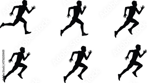 Silhouette of man running fast, athlete sprinting, jogging exercise, sports training, fitness activity, marathon race, workout, health, energy, movement