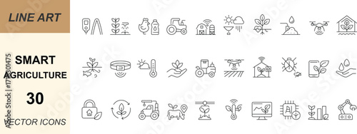 Smart Agriculture vector icon set with minimal line art designs of farming, crops, irrigation, drones, sensors, robotics, and sustainability. Perfect for apps, web, aggrotech, and UI projects.
