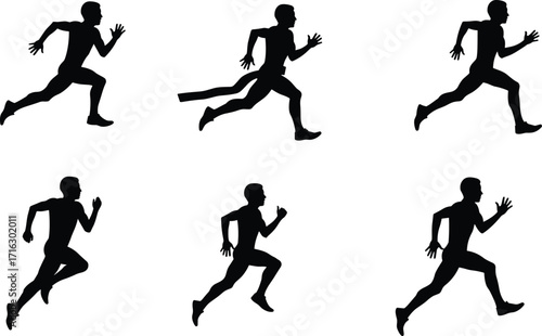 Silhouette of man sprinting fast, athlete running race, fitness training, sports activity, marathon competition, workout exercise, health, energy, movement, action