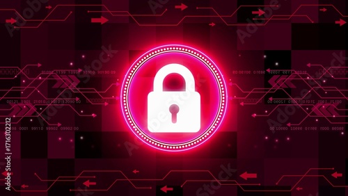 Digital padlock icon with glowing pink neon circle on abstract circuit board background with binary code