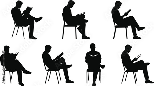 Silhouette of men reading books on chairs, sitting and studying, knowledge, education, relaxation, literature, learning, concentration, academic, leisure