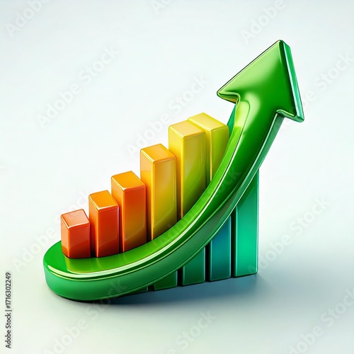 3D rendering icon green arrow with colorful growth graph