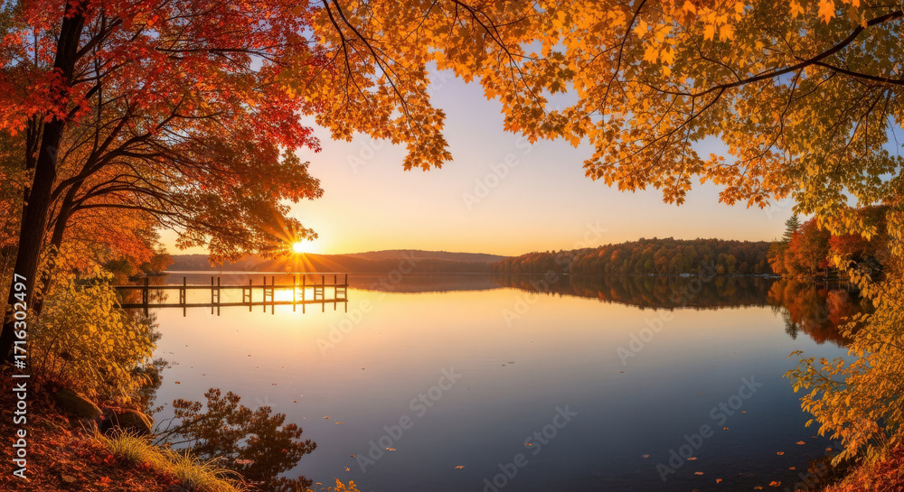Naklejka premium Autumn Serenity A Lakeside Sunset Scene with Vibrant Foliage and Reflections on Calm Waters A Tranquil Landscape with a Wooden Pier and Distant Hills