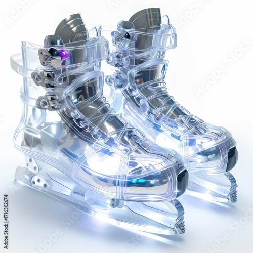 Futuristic transparent ice skates with illuminated bases and internal details, shown on a white background