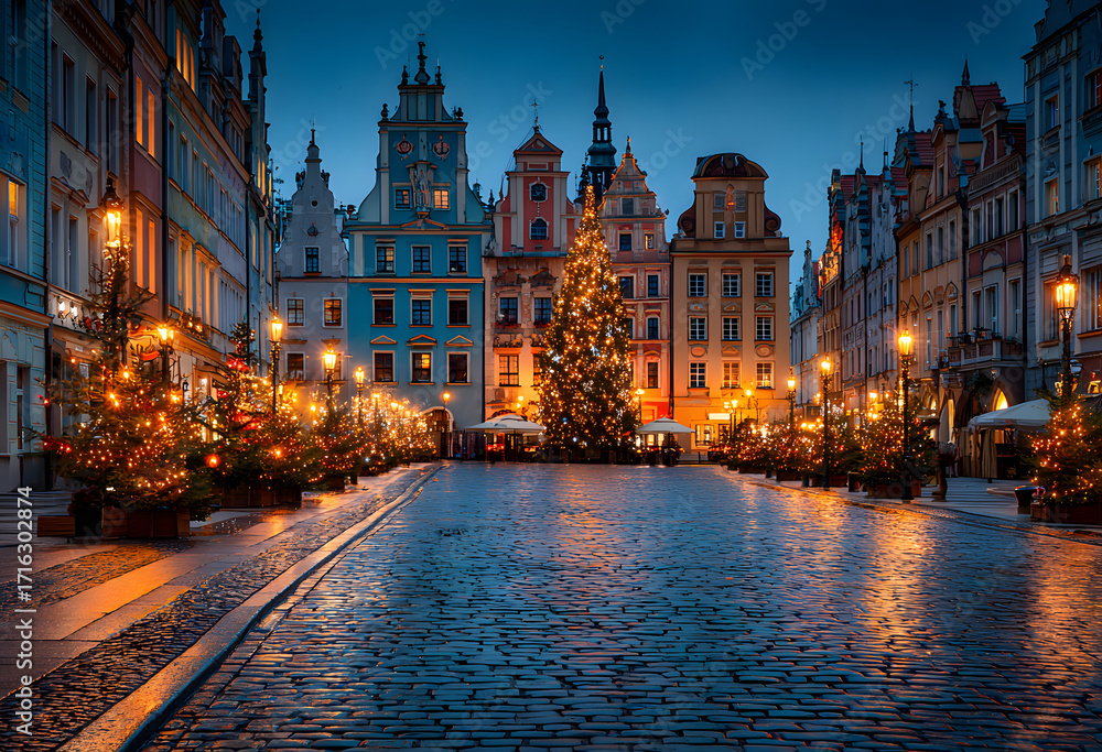Fototapeta premium Wroclaw, Poland, Christmas market square and illuminated Christmas tree in the center of old city. New Year ambiance, illuminated and ornamented festive city. Night scene.