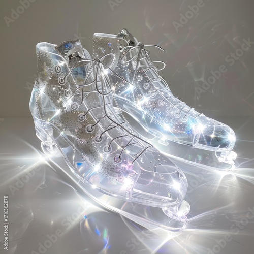 Illuminated transparent ice skates on reflective surface, showcasing intricate details and sparkling lights