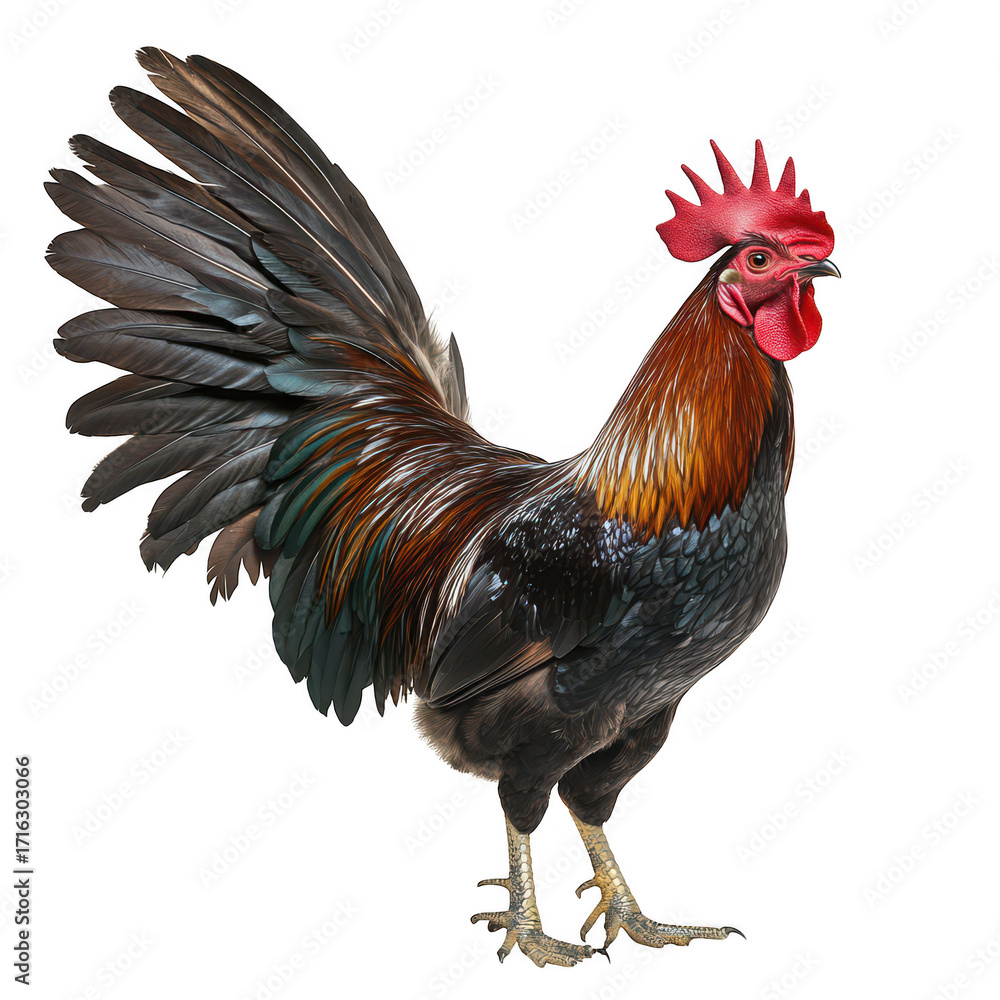 Fototapeta premium A and majestic rooster stands proudly with its colorful plumage on display against a plain background. its natural beauty and charm. ideal for agricultural or wildlife-themed projects