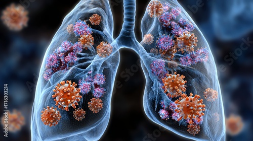 An intricate illustration depicting human lungs affected by viruses. This visually striking image highlights the impact of pathogens on respiratory health, merging science and art.