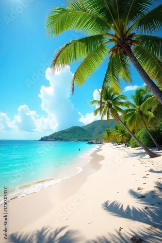 Wallpaper Mural Sun-drenched beach scene with vibrant turquoise water, soft sand, and lush palm trees swaying gently in the breeze Perfect for summer vacation, travel, and holiday themes , beautiful, vacation Torontodigital.ca
