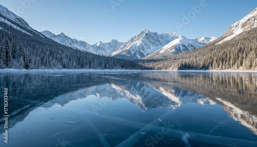 Serene winter landscape with snow-capped mountains and frozen lake  