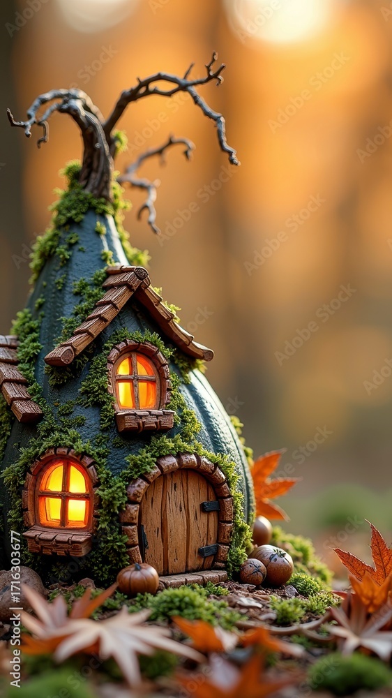 Fototapeta premium Enchanting fairy tale cottage with glowing windows in autumn forest