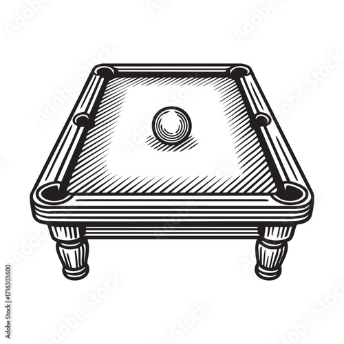 billiard table in Detailed Engraving Style Black and White. Isolated on transparent background. 