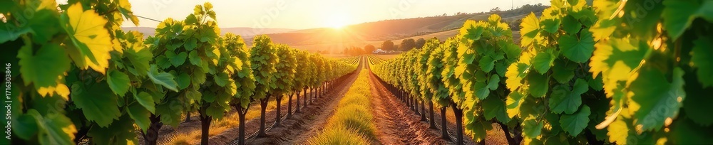 Naklejka premium Sun-drenched vineyard rows stretching to a distant hillside, lush green vines heavy with ripening grapes, a picturesque winery scene at harvest time , green, rural