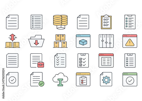 Collection of vector icons representing data management and workflow tools for digital operations and business automation