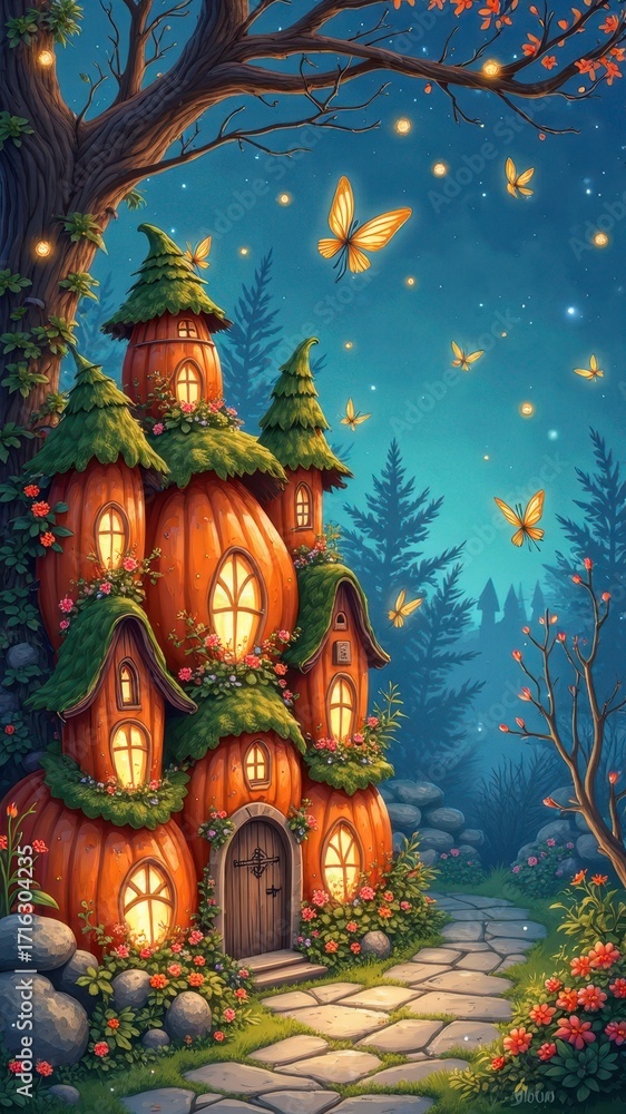 Fototapeta premium Enchanted pumpkin house at night with glowing windows and butterflies in a magical forest