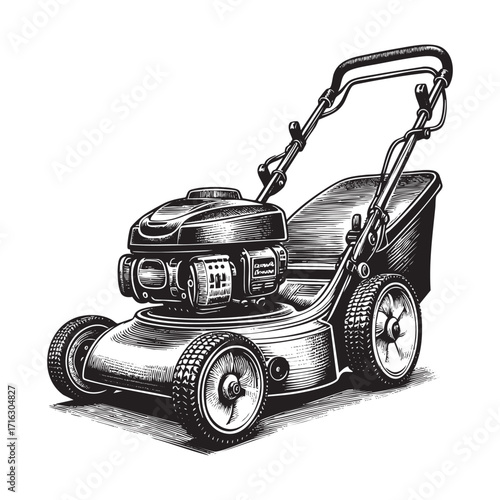 Engraved Illustration of land mower on White Background