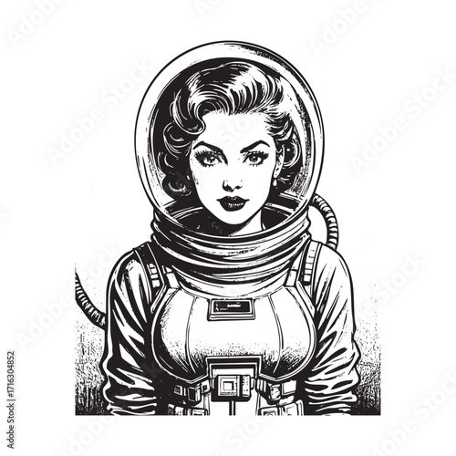 Detailed Engraving of pinup astronaut woman in monochrome drawing