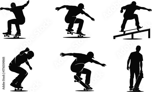 Silhouette of skateboarder performing tricks, extreme sport action, urban lifestyle, skateboarding jump, street culture activity