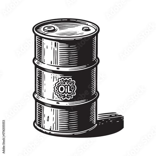 Detailed Engraving Style Illustration of oil barrel in ink sketch