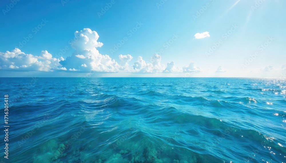 Fototapeta premium Vast, endless ocean meeting the sky at the horizon Calm waves gently roll towards the distant line where sea and sky blend seamlessly A breathtaking view of nature's majesty , horizon, blue, scene