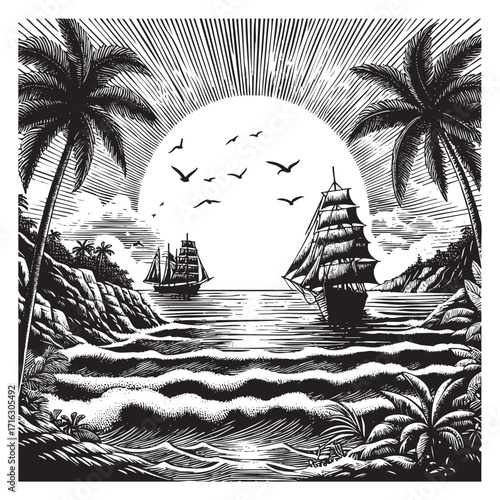 sunset on beach with galleon ship in Detailed Engraving Style Black and White. Isolated on trasnparent background. 