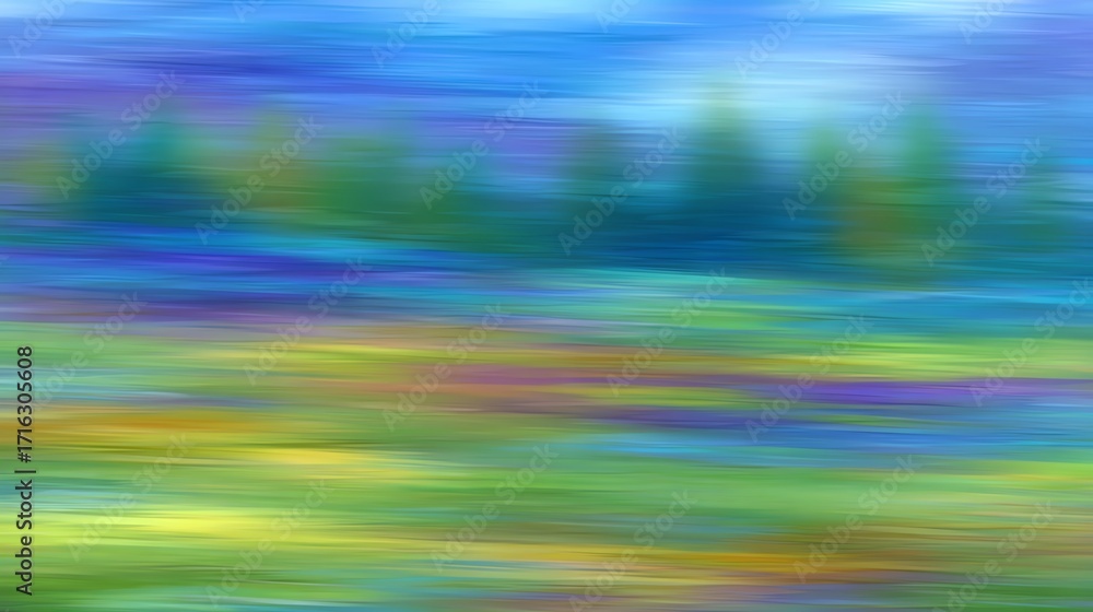 Obraz premium A vibrant, blurred landscape composed of colorful flowers and green foliage, creating a serene and dreamy atmosphere perfect for backgrounds or artistic projects.