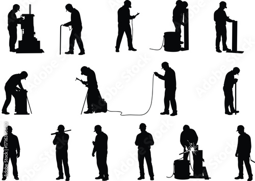 silhouette, worker, industrial, construction, tool, equipment, job, task, repair, welding, machine, operator, labor, vector, black, icon, design, safety, engineering, worksite
