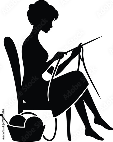 Black silhouette of a woman knitting vector illustration isolated on a white background