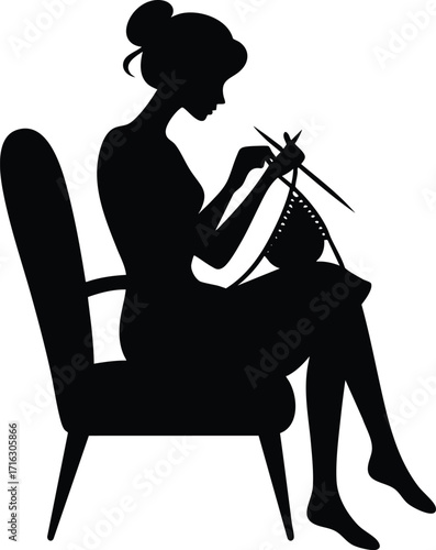 Black silhouette of a woman knitting vector illustration isolated on a white background