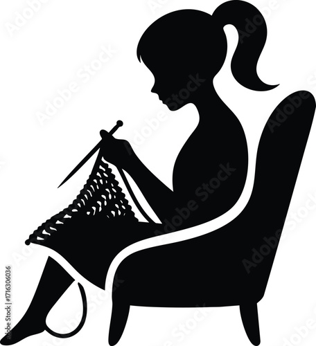 Black silhouette of a woman knitting vector illustration isolated on a white background