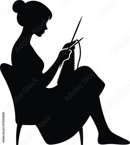 Black silhouette of a woman knitting vector illustration isolated on a white background