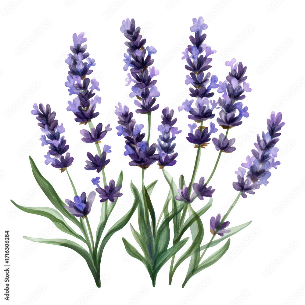 Fototapeta premium A arrangement of lavender flowers their rich purple hues and delicate green leaves. set against a clean white background. ideal for nature-themed projects or floral decorations
