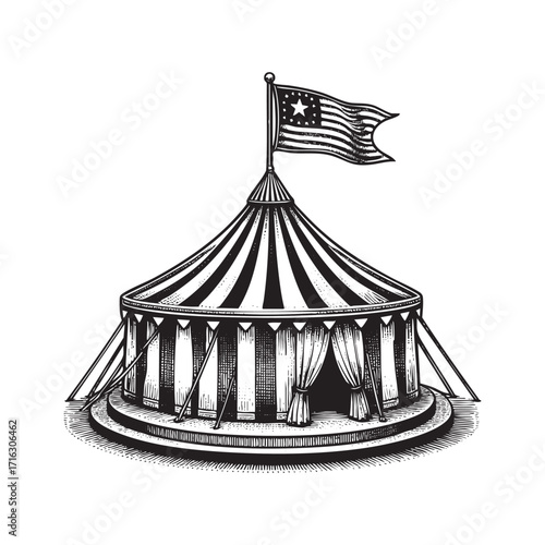 Circus tent on amusement park in monochrome drawing