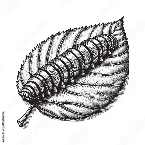 Engraved Illustration of caterpillar eating leaf on White Background