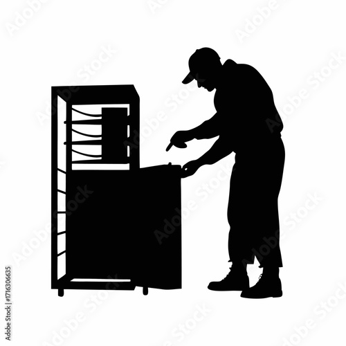Technician opening mold to check cooling lines silhouette isolated on white background