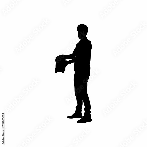 Silhouette of technician inspecting injection molding machine mold on white background isolated on white background