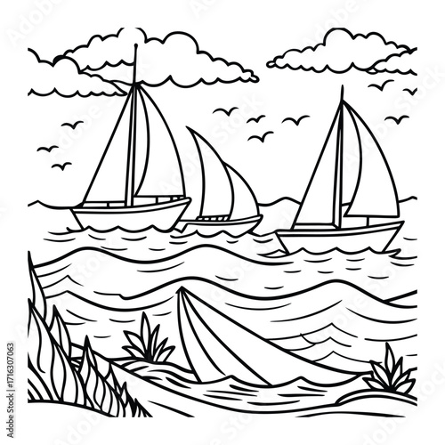 Seabreeze kids line art t shirt design silhouette and vector, detailed illustration perfect for relaxation and stress relief, ideal for coloring books or printable art therapy.