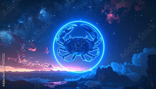 Glowing Crab Zodiac Sign in Cosmic Landscape.