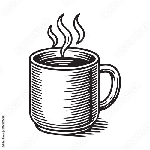 hot coffee cup  black on white line art.