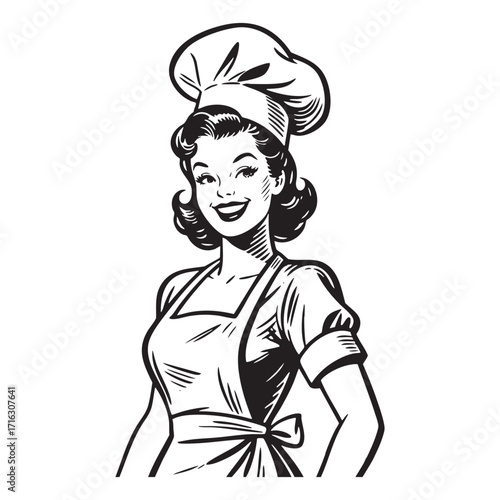 Chef delicious gesture 	sketch engraving generative ai fictional character raster illustration. Scratch board. Black and white