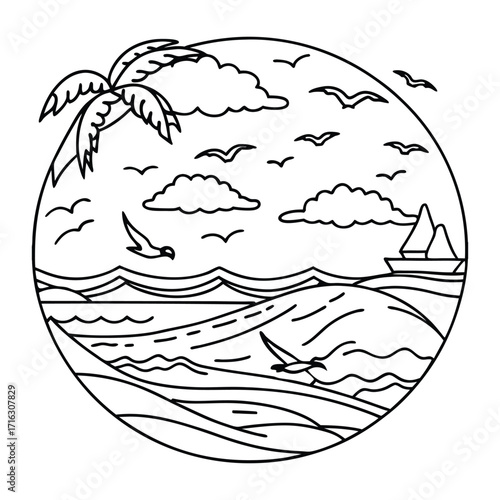 Seabreeze kids line art t shirt design silhouette and vector, detailed illustration perfect for relaxation and stress relief, ideal for coloring books or printable art therapy.