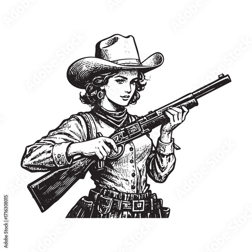 Cowgirl holding shotgun Illustration in Detailed Black and White Outline Line Art Drawing