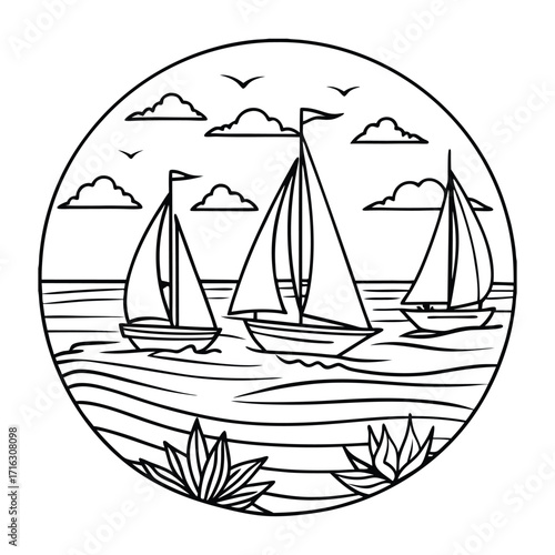 Seabreeze kids line art t shirt design silhouette and vector, detailed illustration perfect for relaxation and stress relief, ideal for coloring books or printable art therapy.