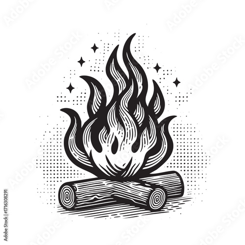 Black and white Campfire  in monochrome drawing
