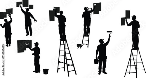 Silhouette painters working with paint rollers, wall painting workers on ladders, home improvement, construction illustration