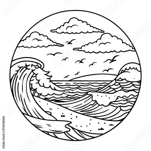 Seabreeze kids line art t shirt design silhouette and vector, detailed illustration perfect for relaxation and stress relief, ideal for coloring books or printable art therapy.