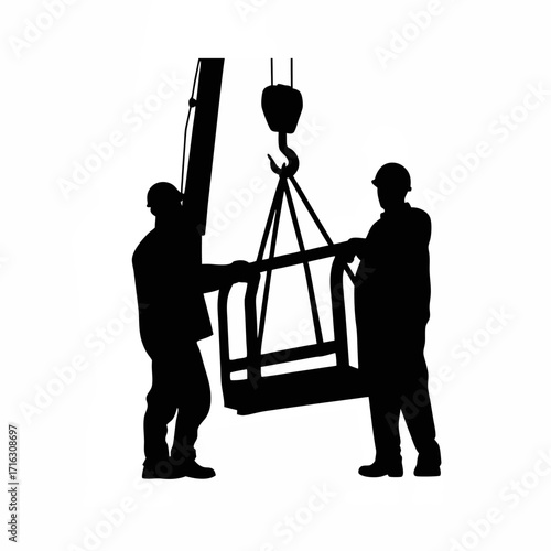 Silhouette of technician operating overhead crane lifting heavy mold isolated on white background