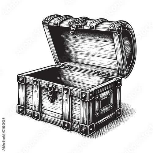 Detailed Engraving of	empty treasure chest opened	in black and white art