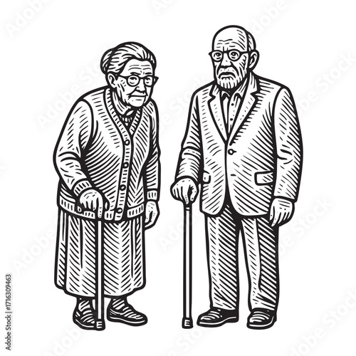 couple of grandparents black on white line art.