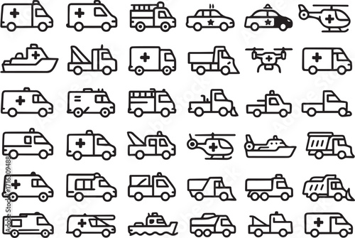 Emergency Vehicles Icon Set Ambulances Fire Trucks Police Cars and More